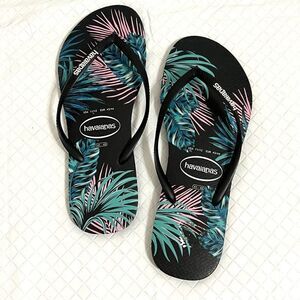Havaianas Slim Tropical Floral Flip Flops Daybreak Palm Print Beach Coastal